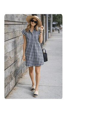 NEW J Crew Black White Gingham Poplin Shirt Dress Button Up Short Sleeve Sz PXS